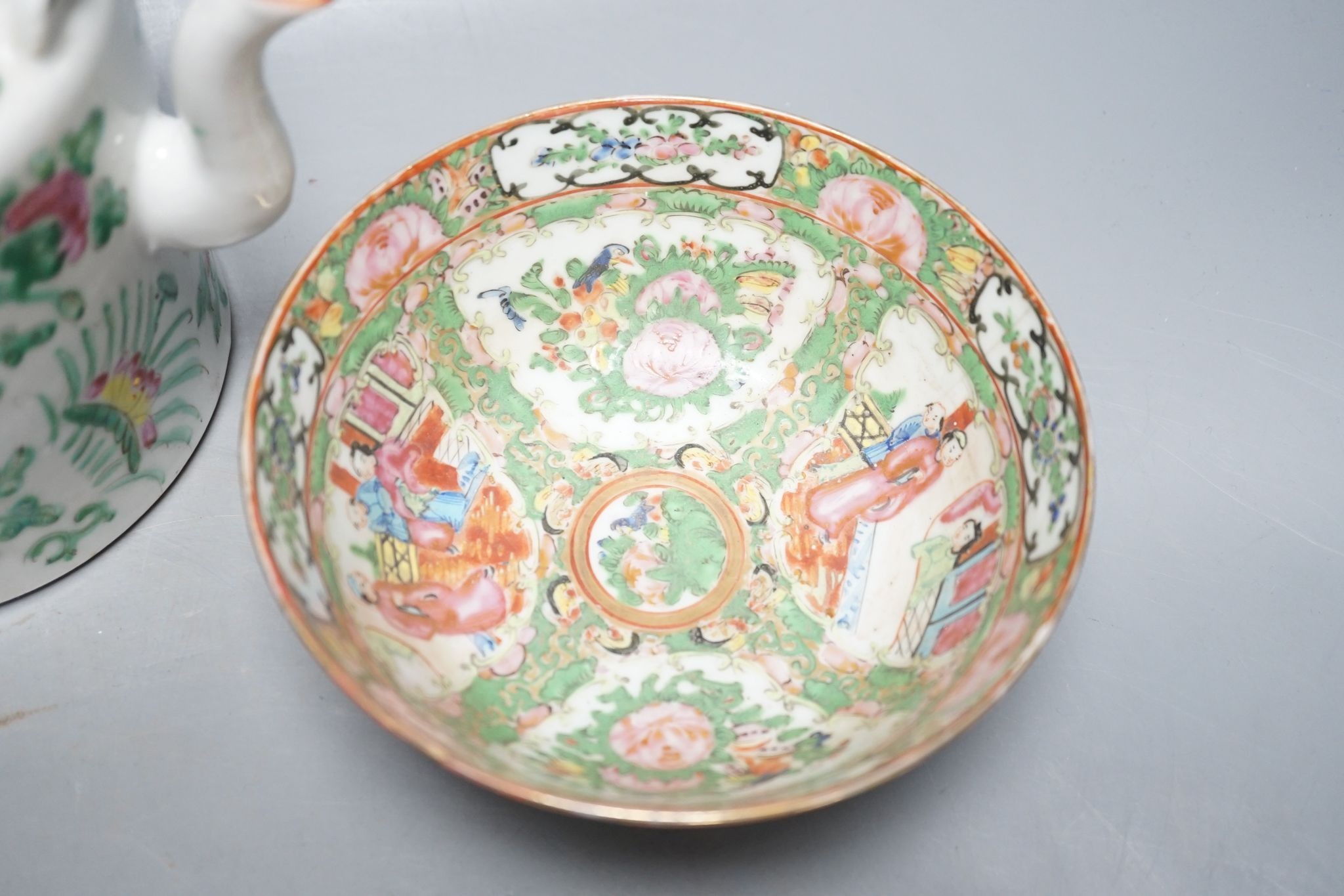 A Chinese famille rose teapot, a similar bowl and an enamelled porcelain jug (3)
